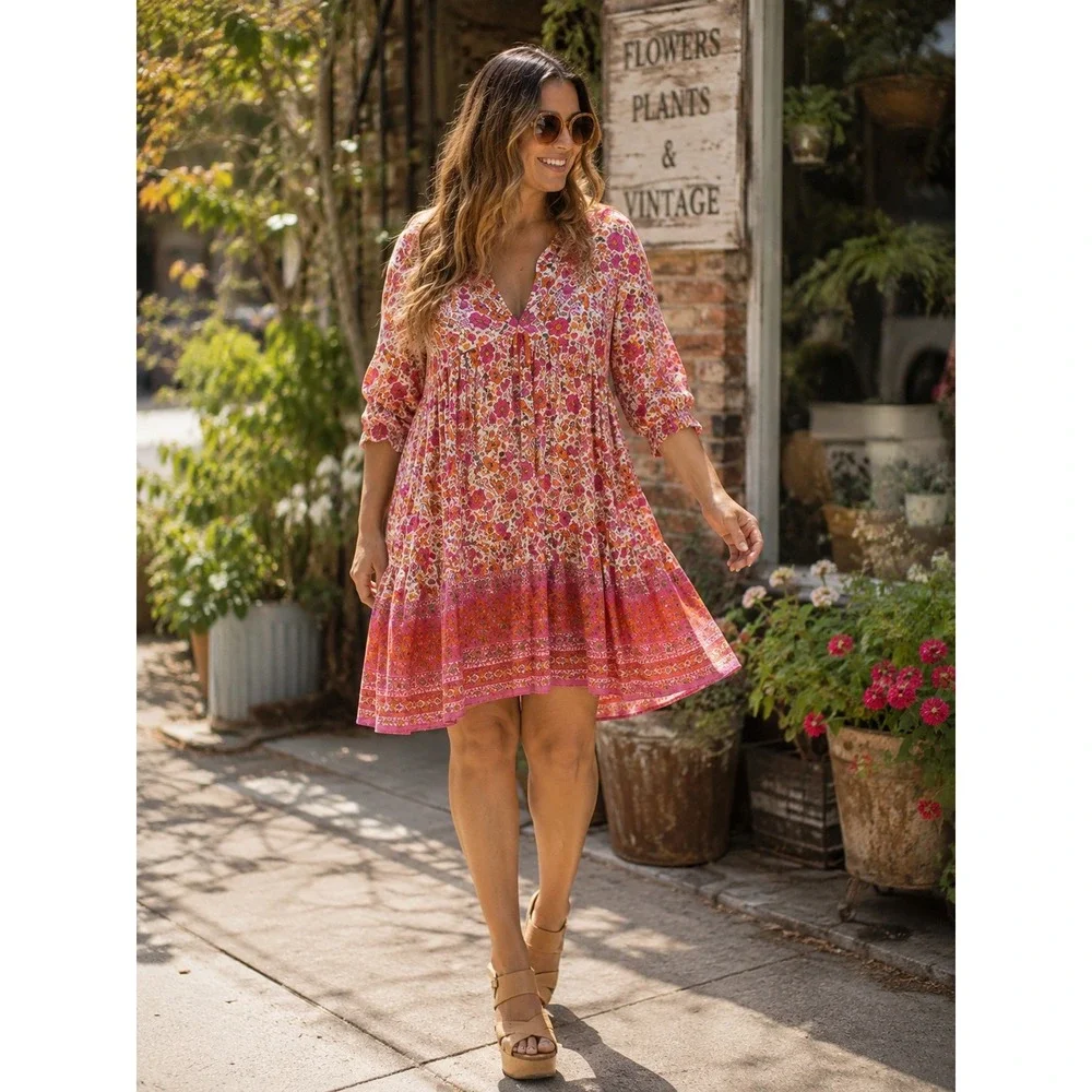 Natural Life Womans XL Dress Floral Short Sleeve Tier Pink Orange